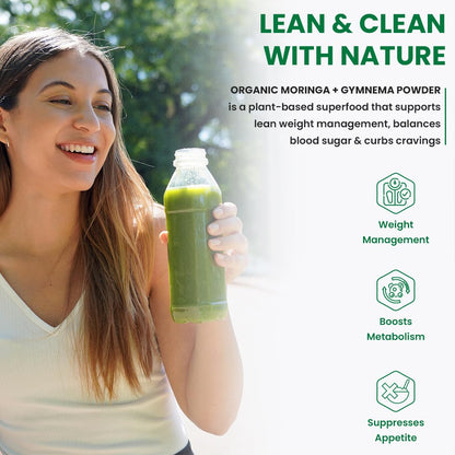 Woman holding a green smoothie bottle with text about organic moringa and gymnema powder benefits.