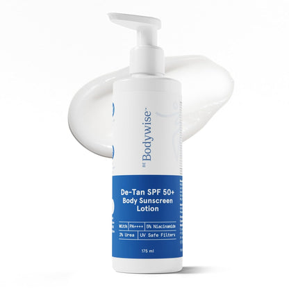 Be Bodywise De-tan Body Sunscreen Lotion with SPF 50+ PA++++ | Broad Spectrum UVA & UVB Protection, No White Cast, Hydrates Skin | Niacinamide, Papaya & Guava Extract |Light-weight & Non-greasy, 175ml