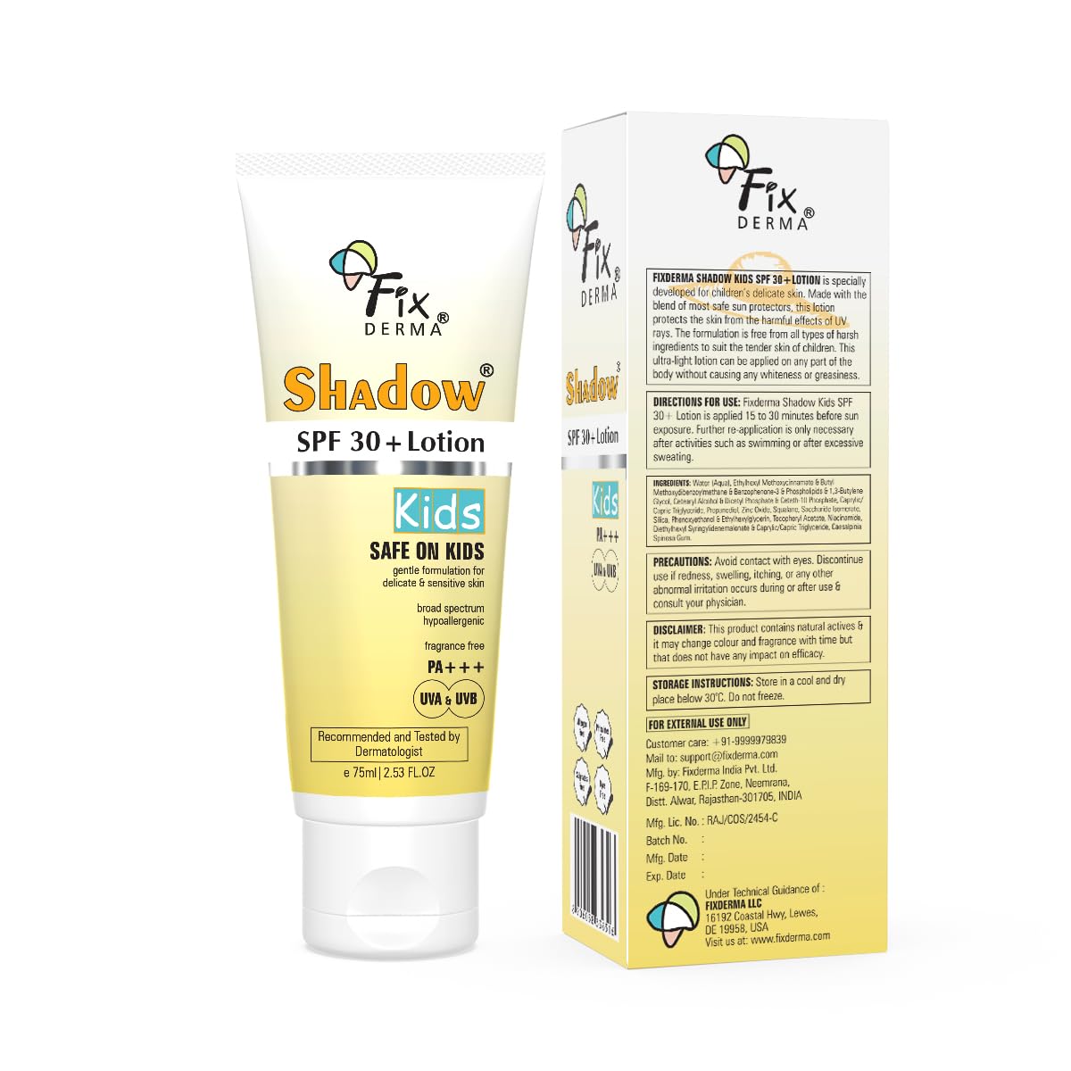 Fixderma Shadow Sunscreen SPF 30+ Lotion for Kids PA+++ | Sensitive Skin, Body & Face | Broad Spectrum Sunscreen for UVA & UVB Protection,Non Greasy & Water Resistant - 75gm