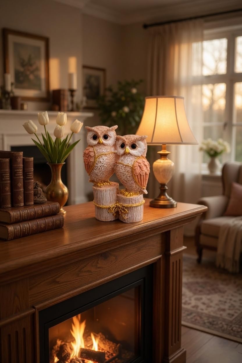 Owl Couple Figurine | Resin | Intricate Pattern Design | Tabletop Showpiece for Home, Office & Bedroom (Peach-White)