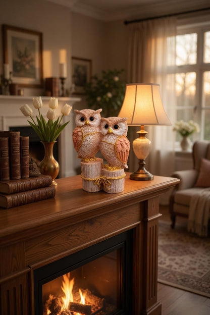 Owl Couple Figurine | Resin | Intricate Pattern Design | Tabletop Showpiece for Home, Office & Bedroom (Peach-White)
