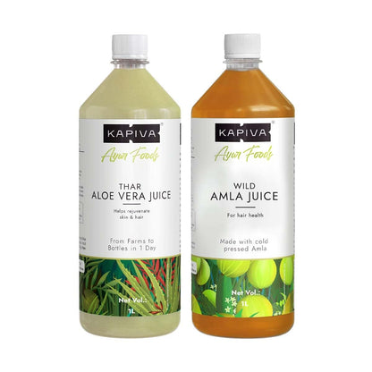 Kapiva Wild Amla 1L + Kapiva Thar Aloe Vera Juice (with Pulp) | Cold-pressed Juice Combo to Help with Glowing Skin, Hair Care, and Detox (1L)