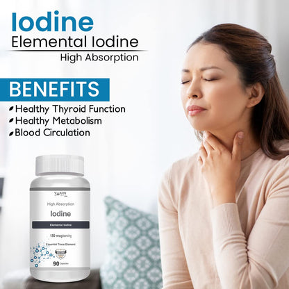Iodine supplement bottle with a woman touching her neck, benefits listed on a white background