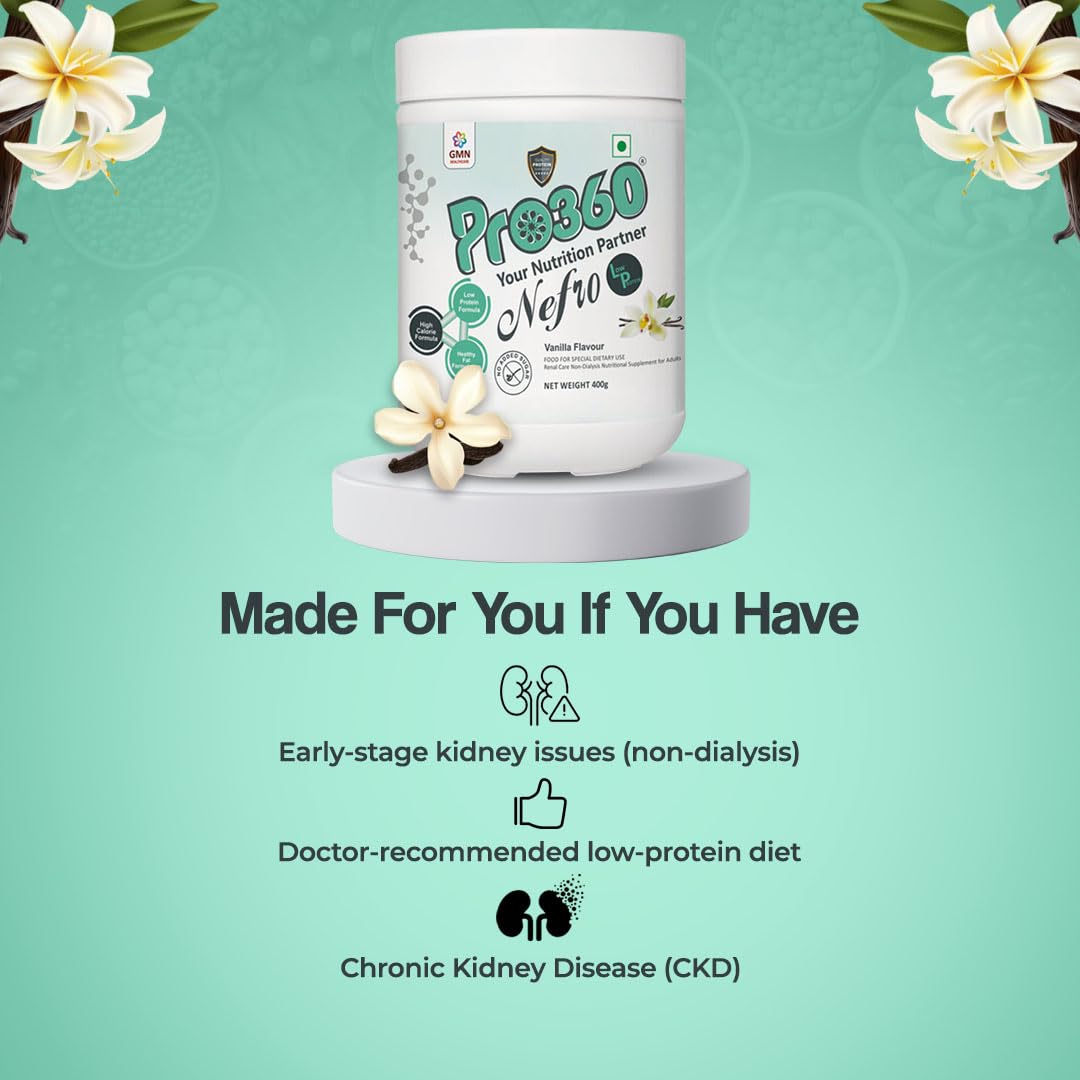 Pro360 Nefro LP Powder Vanilla Flavour – 400g Low Protein Nutrition Supplement for Kidney Health (Non-Dialysis) – Vanilla Protein Powder Enriched with L-Taurine, L-Carnitine & Essential Nutrients