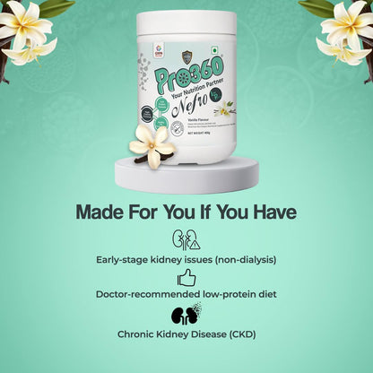 Pro360 Nefro LP Powder Vanilla Flavour – 400g Low Protein Nutrition Supplement for Kidney Health (Non-Dialysis) – Vanilla Protein Powder Enriched with L-Taurine, L-Carnitine & Essential Nutrients