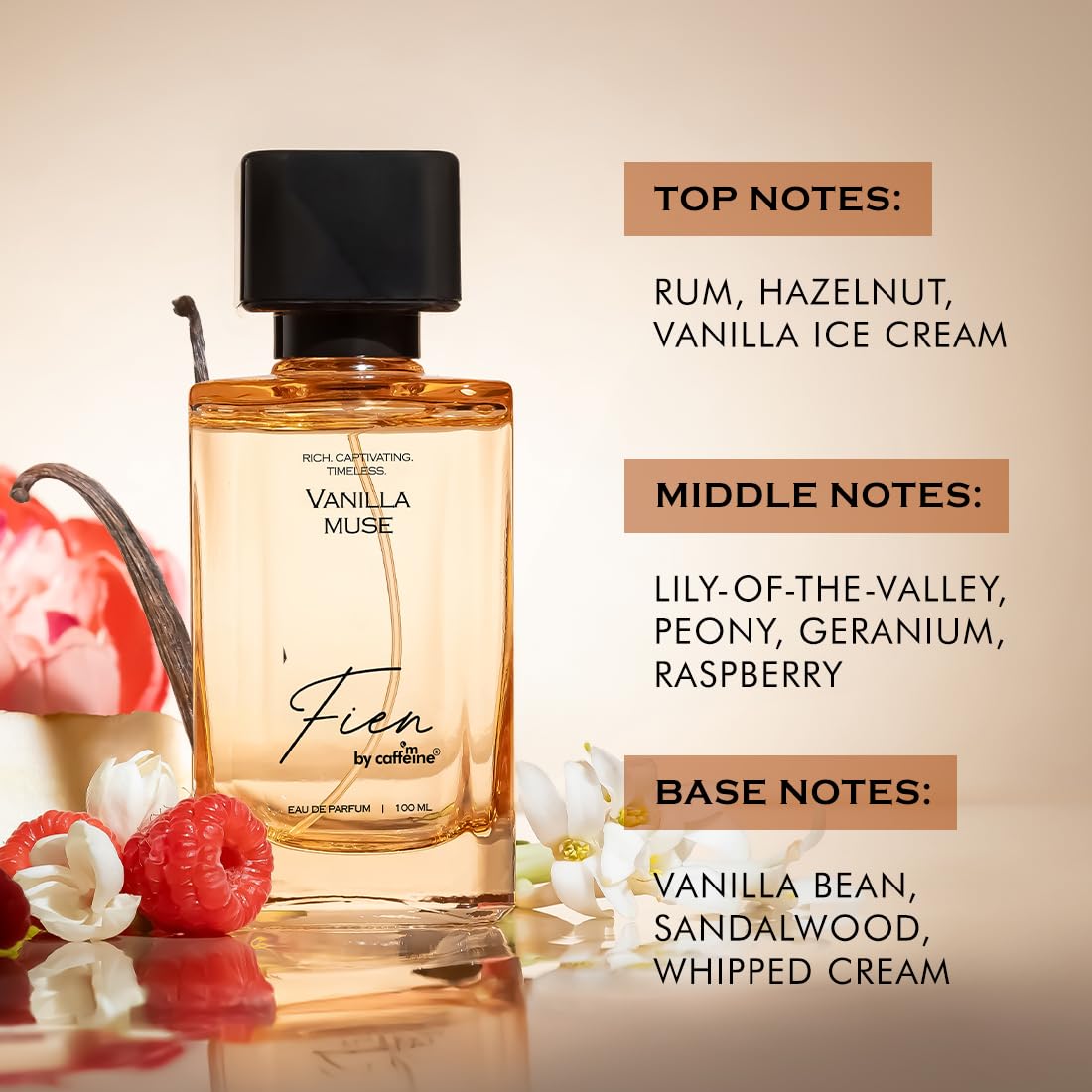 Perfume bottle labeled 'Vanilla Muse' with flavor notes displayed on a beige background