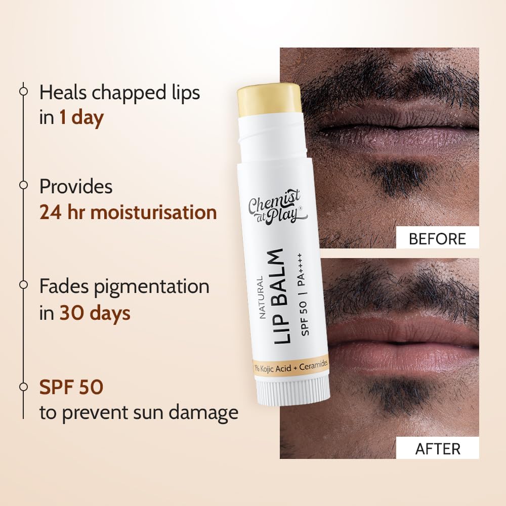 Chemist At Play Natural Lip Balm with SPF 50 PA++++ | 4.5 g, 1% Kojic Acid & Ceramides | Lip balm for Dark and Dry Lips | Brightening Lip Balm | Removes Pigmentation | For Men & Women
