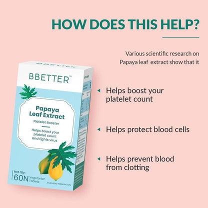 BBETTER Papaya Leaf For Boosting Platelet Count | Papaya Leaf Extract Enriched With Tinospora Cardifolia Extract, Vitamin E Powder And Iron To Help Boost Platelet Count (60 Veg Tablets)