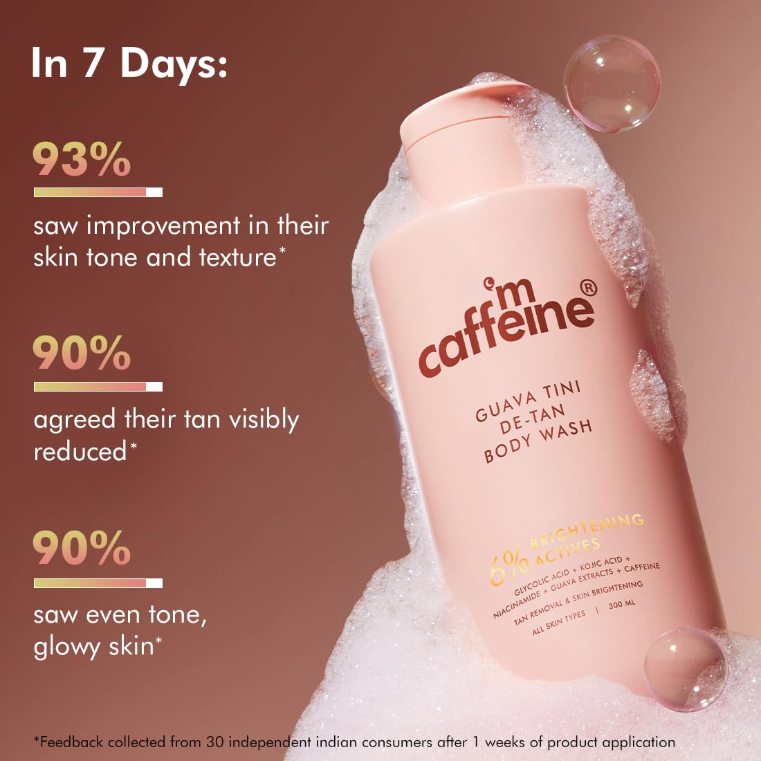 Caffeine Guava Tini De-Tan Body Wash bottle with product benefits text on a brown background