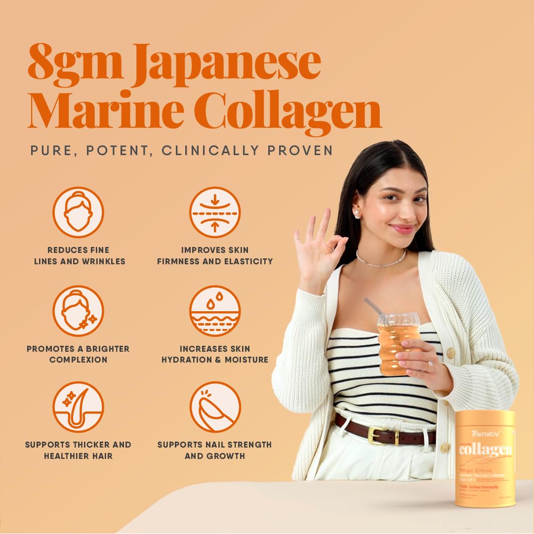 Trunativ Collagen Supplements | Advanced Japanese Marine Collagen Powder for Women & Men | Type 1 and 3 Hydrolyzed Peptides | Supplement with Hyaluronic Acid | Supports Skin Glow, Hair Growth, and Nail Strength | Mango Citrus | 60g (Pack of 1)
