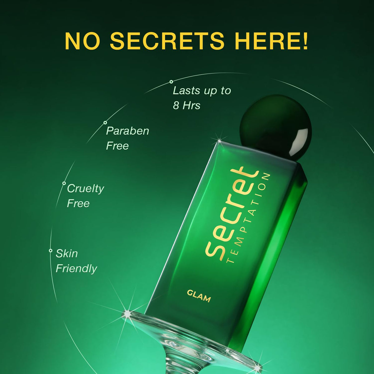 Green bottle of Secret Temptation with product features on a green background