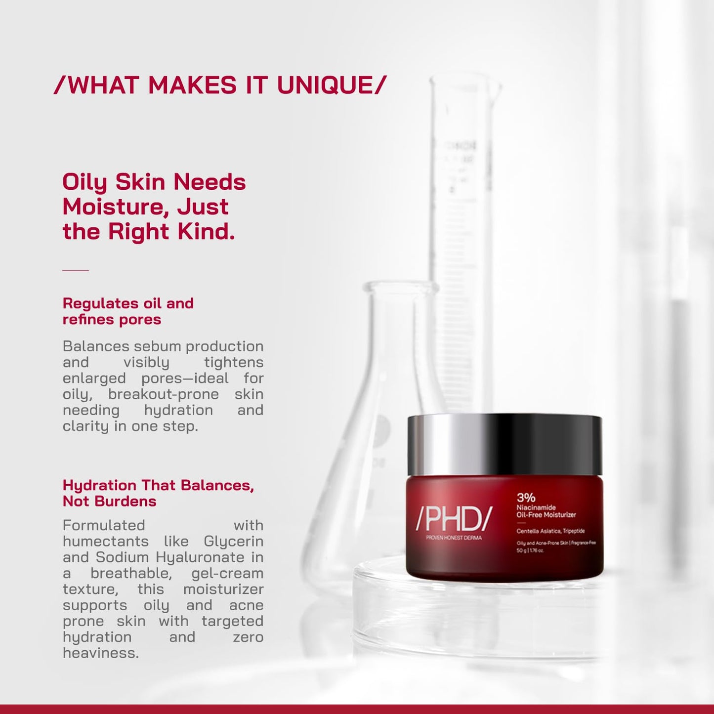 /PHD/ 3% Niacinamide Oil-Free Moisturizer | Face Moisturizer for Oily & Acne-Prone Skin | Lightweight Gel for Men & Women with CICA & Tripeptide | Hydrates & Controls Oil | 50 g