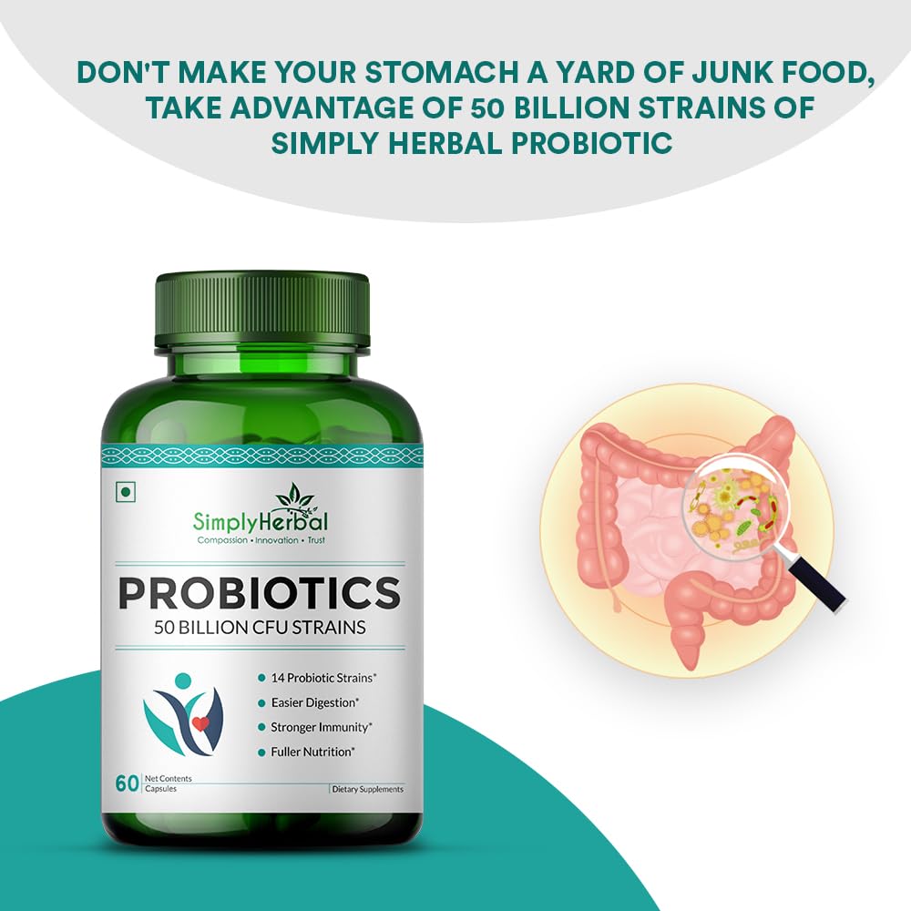 Probiotics supplement bottle with promotional text and illustration of gut health on a white background