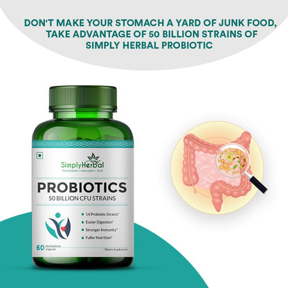 Probiotics supplement bottle with promotional text and illustration of gut health on a white background