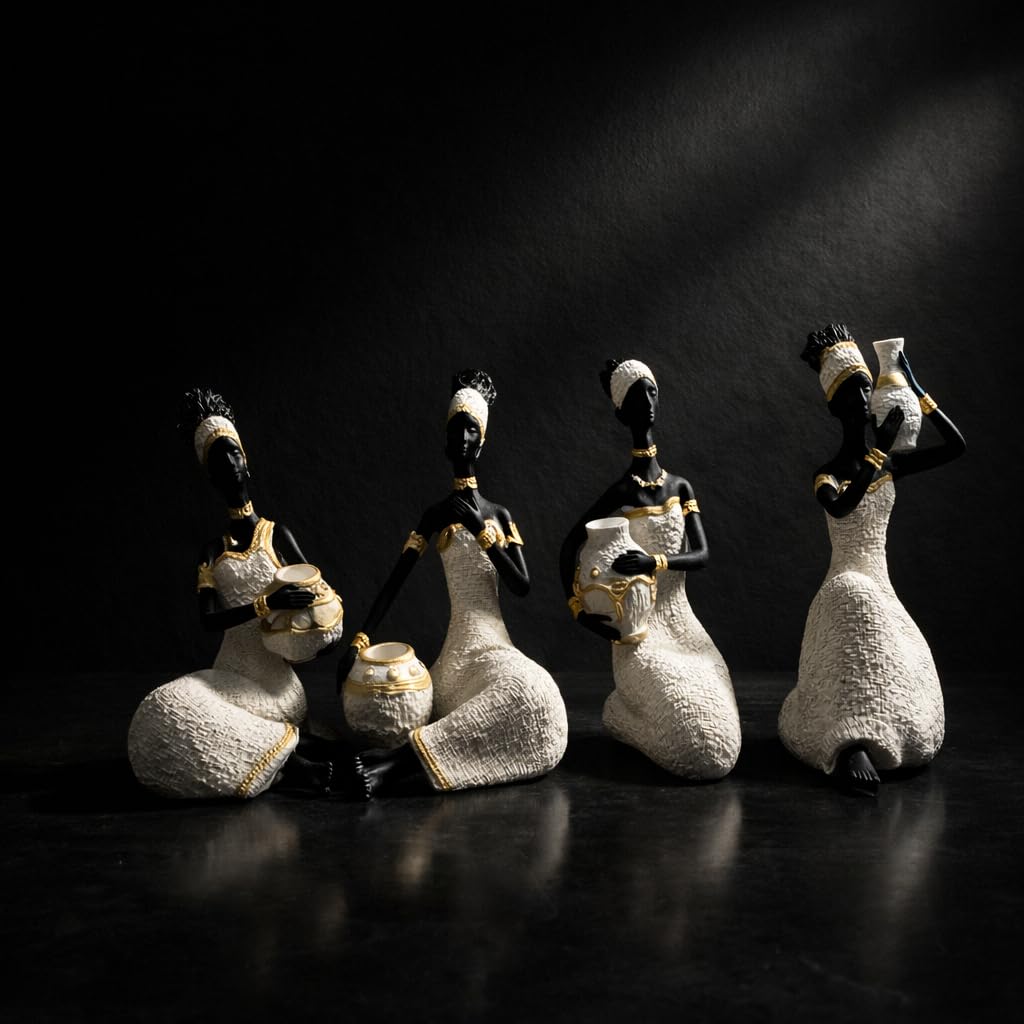 Vibrant Beautiful Finish Uniquely Hand Crafted Home Decor African Tribal Women Art Piece (African Lady Sitting Set of 4)