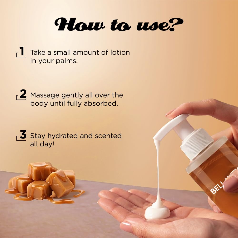 Lotion bottle being used with text on how to use it, and caramel candies in the background.