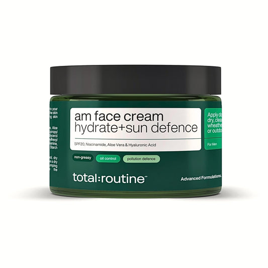 Green jar of 'am face cream hydrate + sun defence' by total:routine on a white background