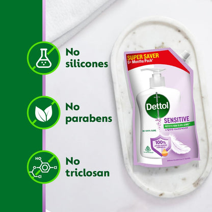 Dettol Liquid Hand wash Refill, Sensitive, 675ml | pH Balanced | 10x Better Germ Protection