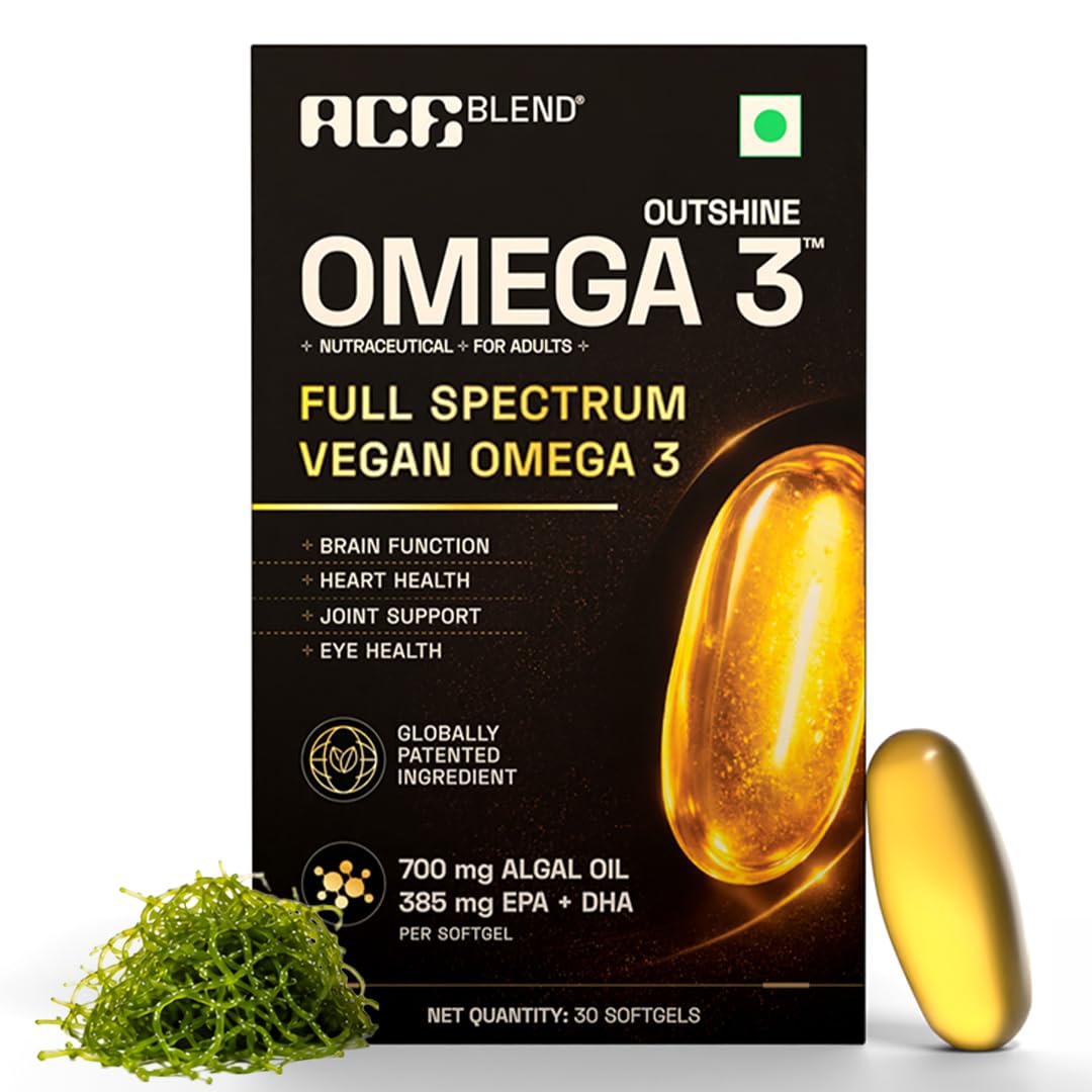 Ace Blend Outshine Omega 3 Vegan with 385mg EPA + DHA per Softgel | Full Spectrum Algal Oil | 700mg Algal Oil | Plant-Based Omega 3 Supplement | For Men & Women | 30 Softgels