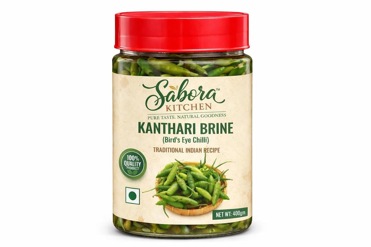 Sabora Kitchen Kanthari Brine (Bird’s Eye Chilli) 400g | Traditional Indian Recipe | Homemade Kerala Style | Spicy & Tangy Green Chillies | Ready to Use | 6 Months Shelf Life