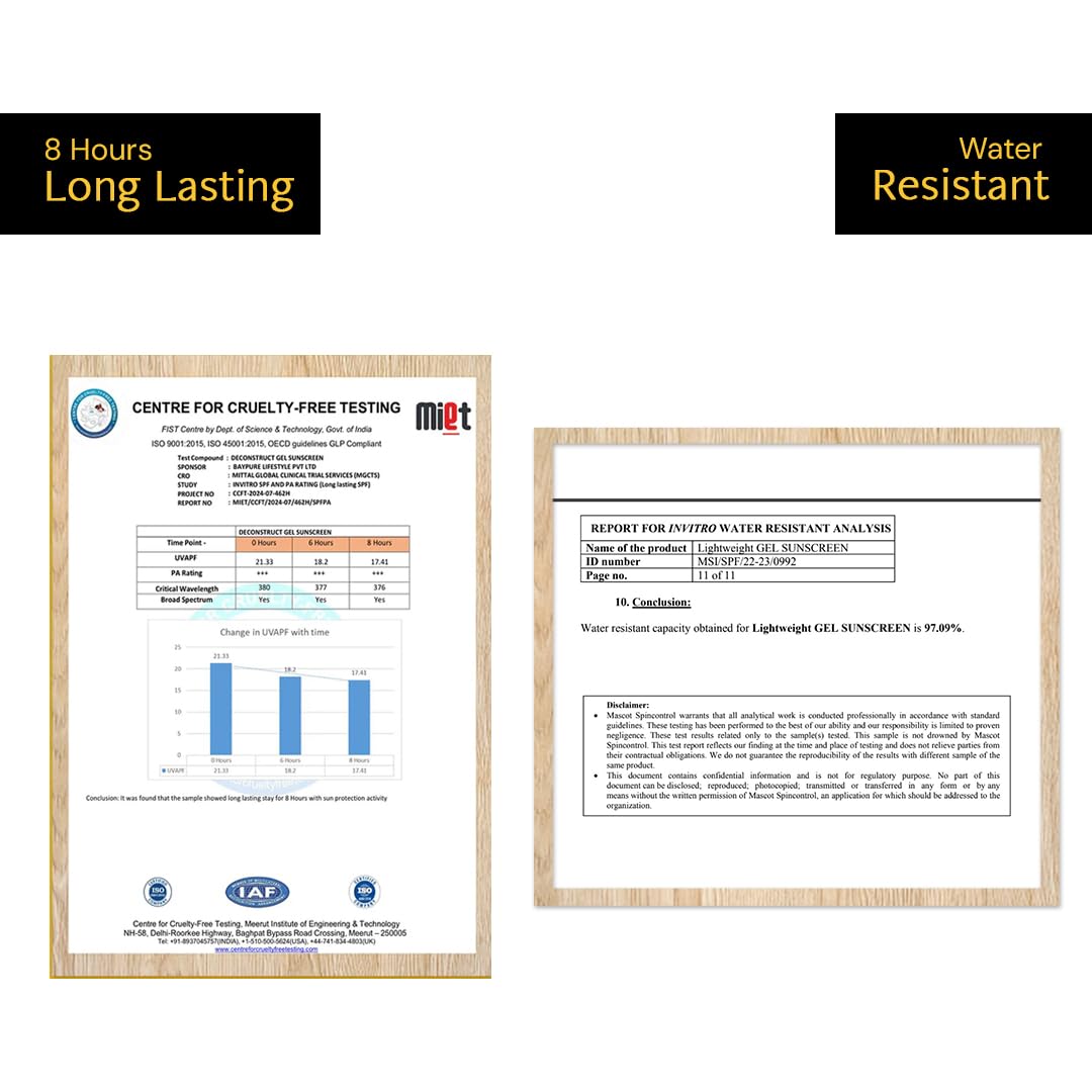 Two framed certificates on a white background with text about product testing and certification.
