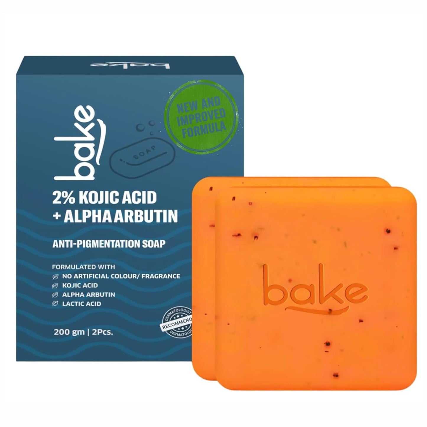 Orange soap bar with 'bake' branding next to its packaging on a white background