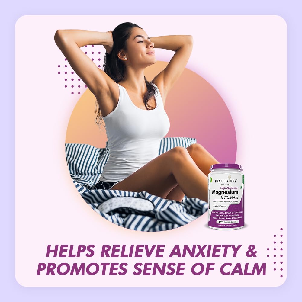 HealthyHey Nutrition Magnesium Glycinate Supplement High Absorption for Sleep, Cramps, & Nerves Health -120 Vegetable Capsules