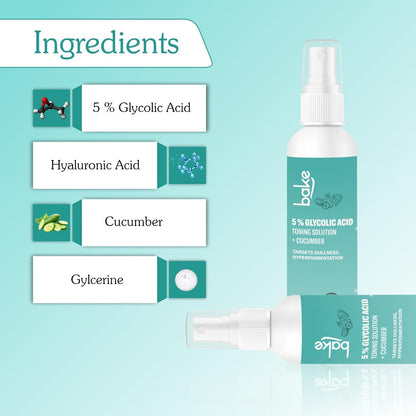 BAKE 5% Glycolic Acid Toner with Hyaluronic Acid | Targets Hyperpigmentation | Pore Tightening Toner for Face & Underarms | For Combination, Oily, Acne Prone Skin | Alcohol Free Toner | 100ml