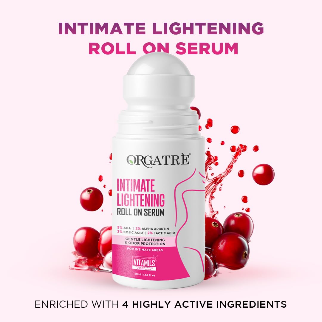 OrgaTrel intimate lightening roll-on serum with cranberries on a white background
