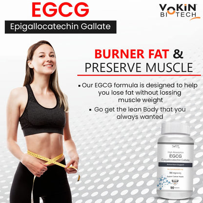Advertisement for EGCG supplement showing a woman with a measuring tape and a bottle of Vokin Biotech EGCG supplement.