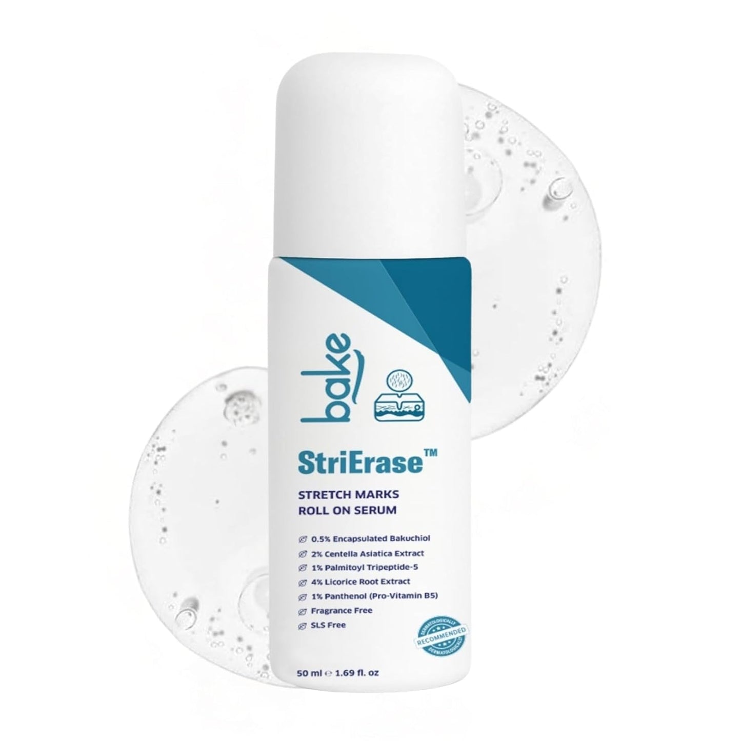 BAKE StriErase™ Stretch Marks Removal Roll On Serum | For Pregnancy Use | 0.5% Encapsulated Bakuchiol, 2% Centella Asiatica | Fades Stretch Marks & Scars, Firms Skin & Improves Uneven Skin | Fragrance Free, SLS Free – 50ml