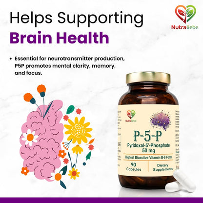 Nutraliebe P5P (Pyridoxal 5’- Phosphate) – Active Vitamin B6 for Energy, Brain Function, and Nervous System Support – 90 Capsules