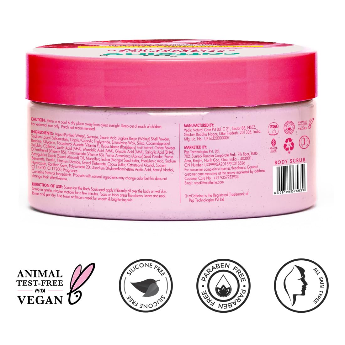 mCaffeine Brightening Raspberry Body Scrub | Tan Removal | AHAs - Lactic & Glycolic Acid, Niacinamide | Vitamin C Rich for Brighter, Soft Skin | Remove Dry, Dead Skin | Fruity Berries Aroma - 175g