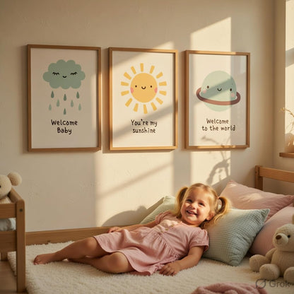 Baby Nursery Wall Painting Set of 3 with Wooden Frames | Cute Cloud Sun Planet Kids Room Wall Art | HD Sparkle Printed MDF Cartoon Wall Decor for Nursery, Baby Room & Kids Bedroom