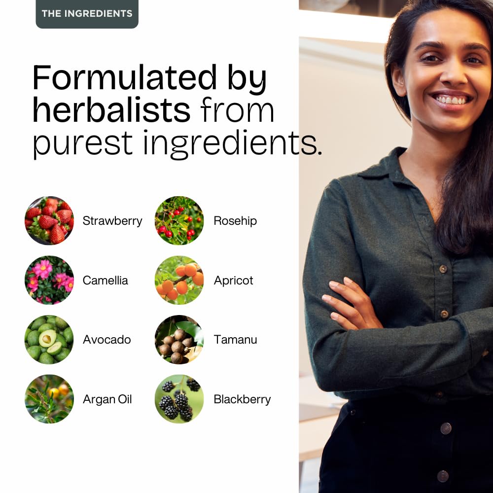 Product advertisement with a woman and listed ingredients on a white background