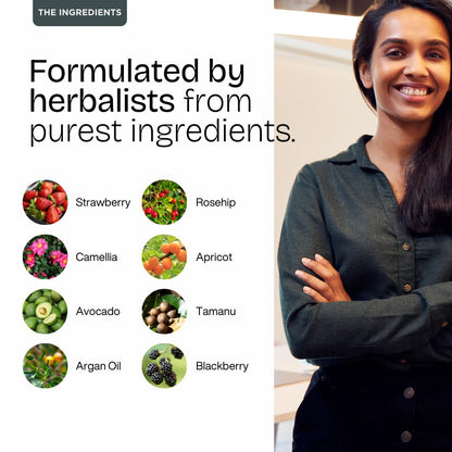 Product advertisement with a woman and listed ingredients on a white background