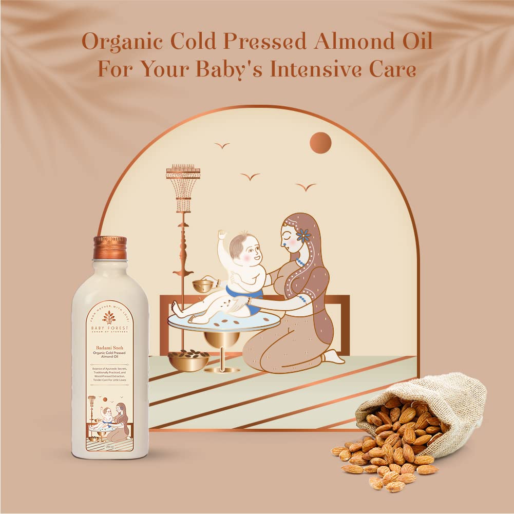 Organic cold pressed almond oil for baby care with illustration of a woman and child, almonds, and product packaging.