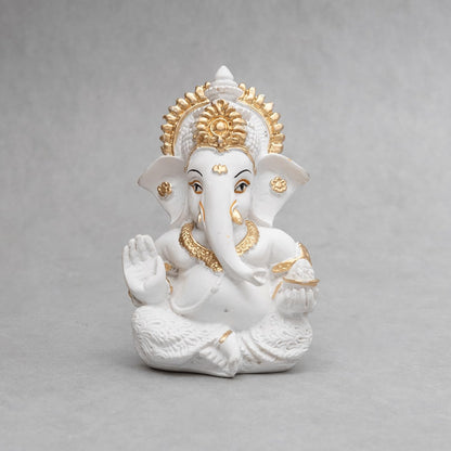 Lord Ganesha Idol for Car Dashboard, Home Temple & Office Decor | Gold Plated Resin Ganpati Murti for Puja, Mandir, Vastu, Diwali, Housewarming Gift | 3.5 Inch | Pack of 1 (White)