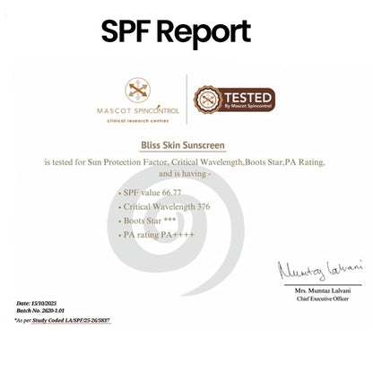 Blisskin Sunscreen SPF 50 PA+++ | 50ml Organic & Non Comedogenic SunscreenSPF50 | UVA, UVB & Blue Light Protection | With Hyaluronic Acid & Vitamin C | No White Cast | For All Skin Types