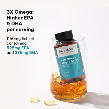 Hk vitals 3X Strength Omega-3 Fish Oil Supplement (60 Capsules) | 1150mg Fish Oil, 525mg EPA & 375mg DHA | For Healthy Heart & Joints | Men & Women