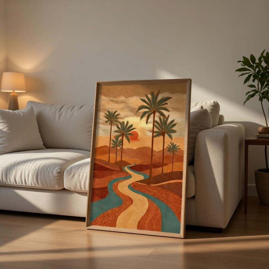 Desert Sunset Palm Tree Wall Art with Wooden Frame | Aesthetic Landscape Painting with River & Sunset | HD UV Laminated Print on MDF for Living Room Bedroom Office Decor 13.5 x 19.5 Inch