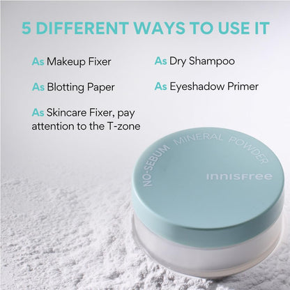 Innisfree No Sebum Mineral Natural Powder 5g | Korean Setting Powder for Face | Oil Control for Oily Skin, Makeup Fixer, Reduces Hair Greasiness, Mattifying, Long-Lasting, Compact, Loose Powder