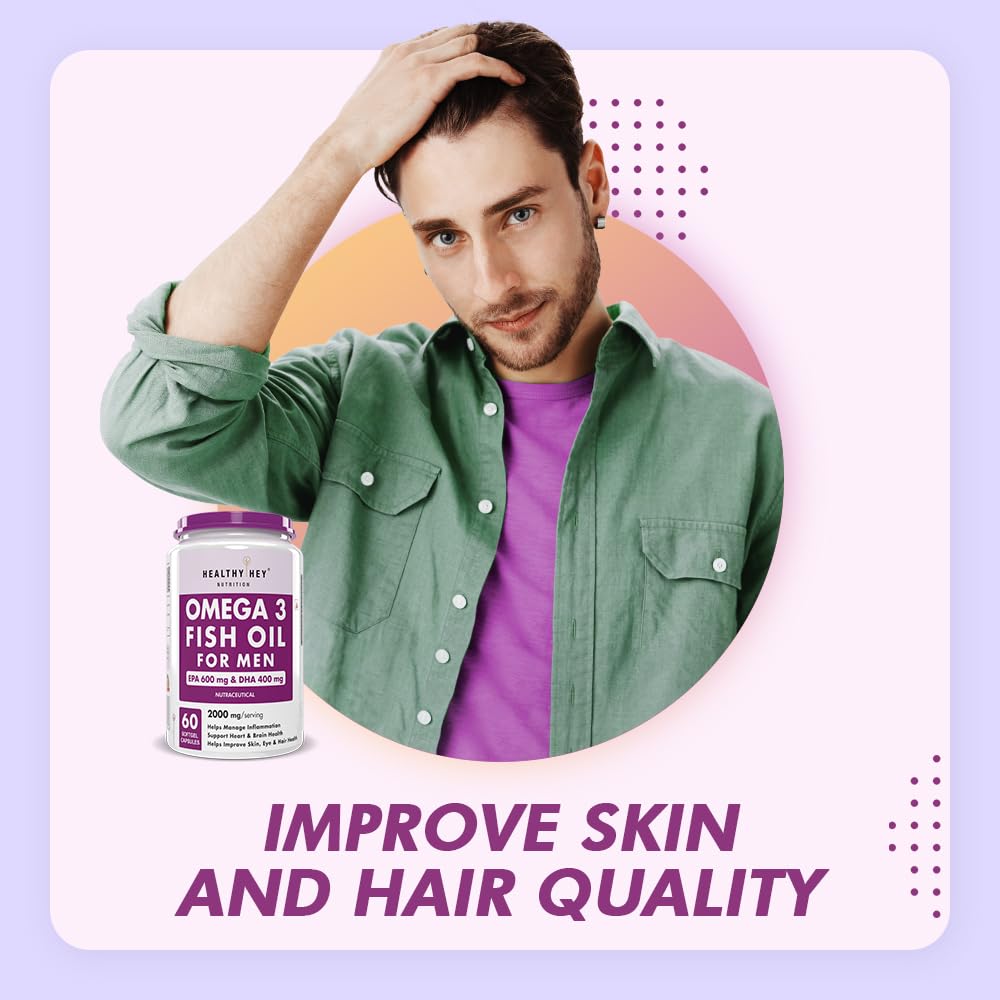 Man with a bottle of Omega 3 Fish Oil for Men on a purple background