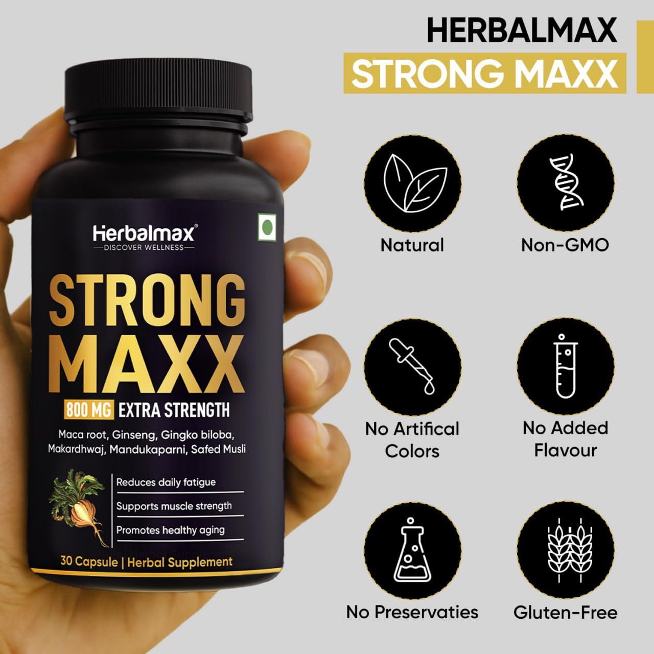 Herbal Max Strong Maxx Maca Root Capsules – 800 mg | 30 Vegetarian Capsules | Natural Energy & Vitality Booster | Ayurvedic Supplement for Men & Women