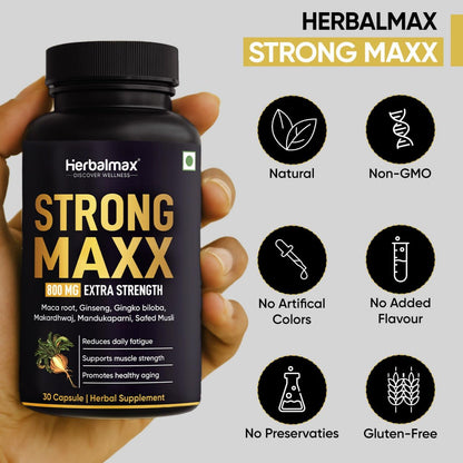 Herbal Max Strong Maxx Maca Root Capsules – 800 mg | 30 Vegetarian Capsules | Natural Energy & Vitality Booster | Ayurvedic Supplement for Men & Women