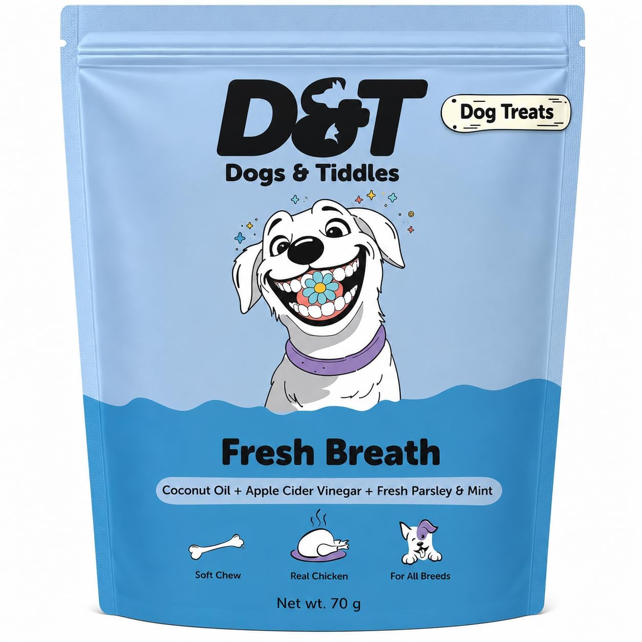 Dogs & Tiddles Fresh Breath & Oral Care Dog Treats for Puppies & Adult Dogs, 70g | Soft & Chewy Real Chicken | with Coconut Oil, Apple Cider Vinegar, Parsley & Mint | Easily Digestible & Healthy