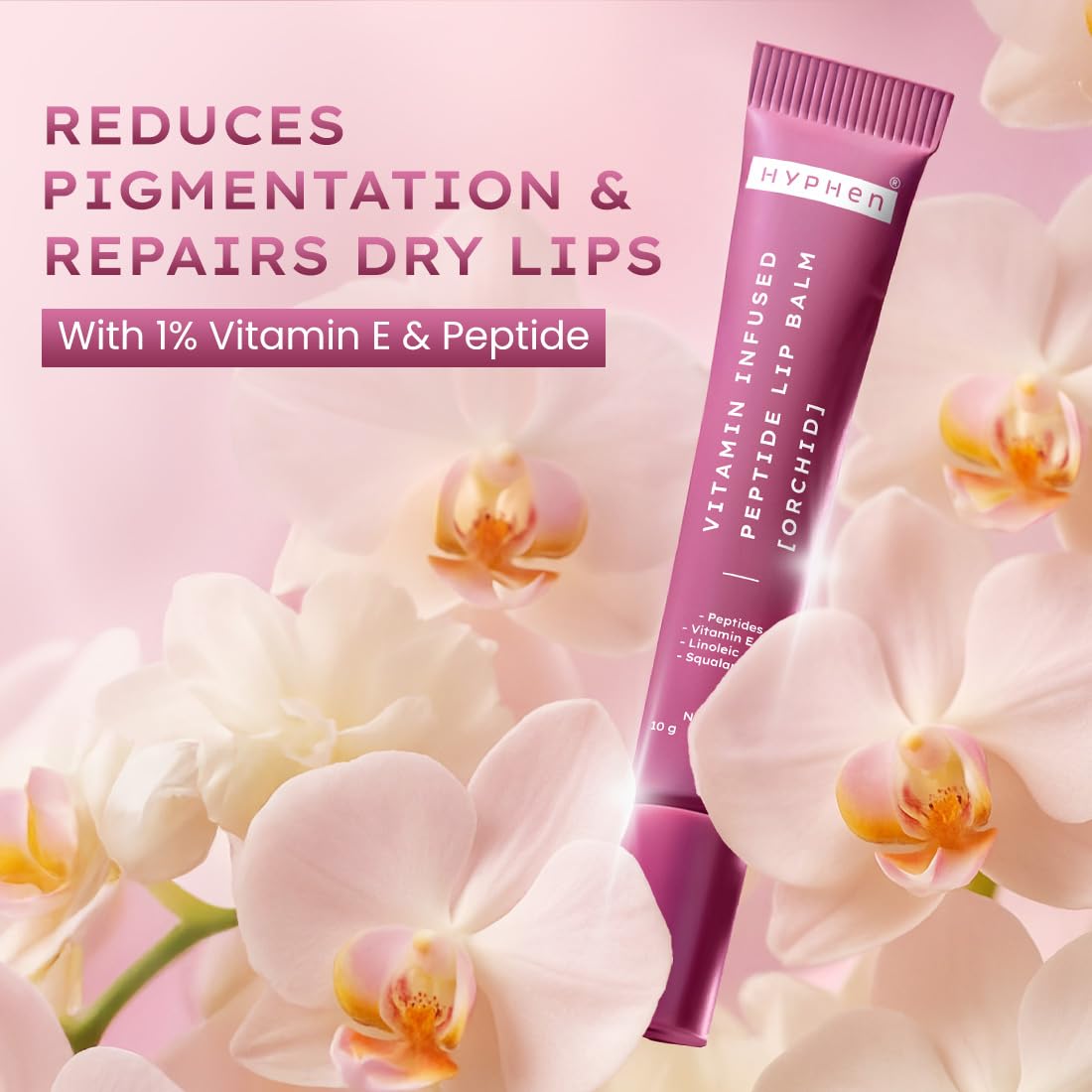 Purple lip balm tube with floral background and text about its benefits