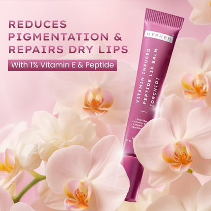 Purple lip balm tube with floral background and text about its benefits