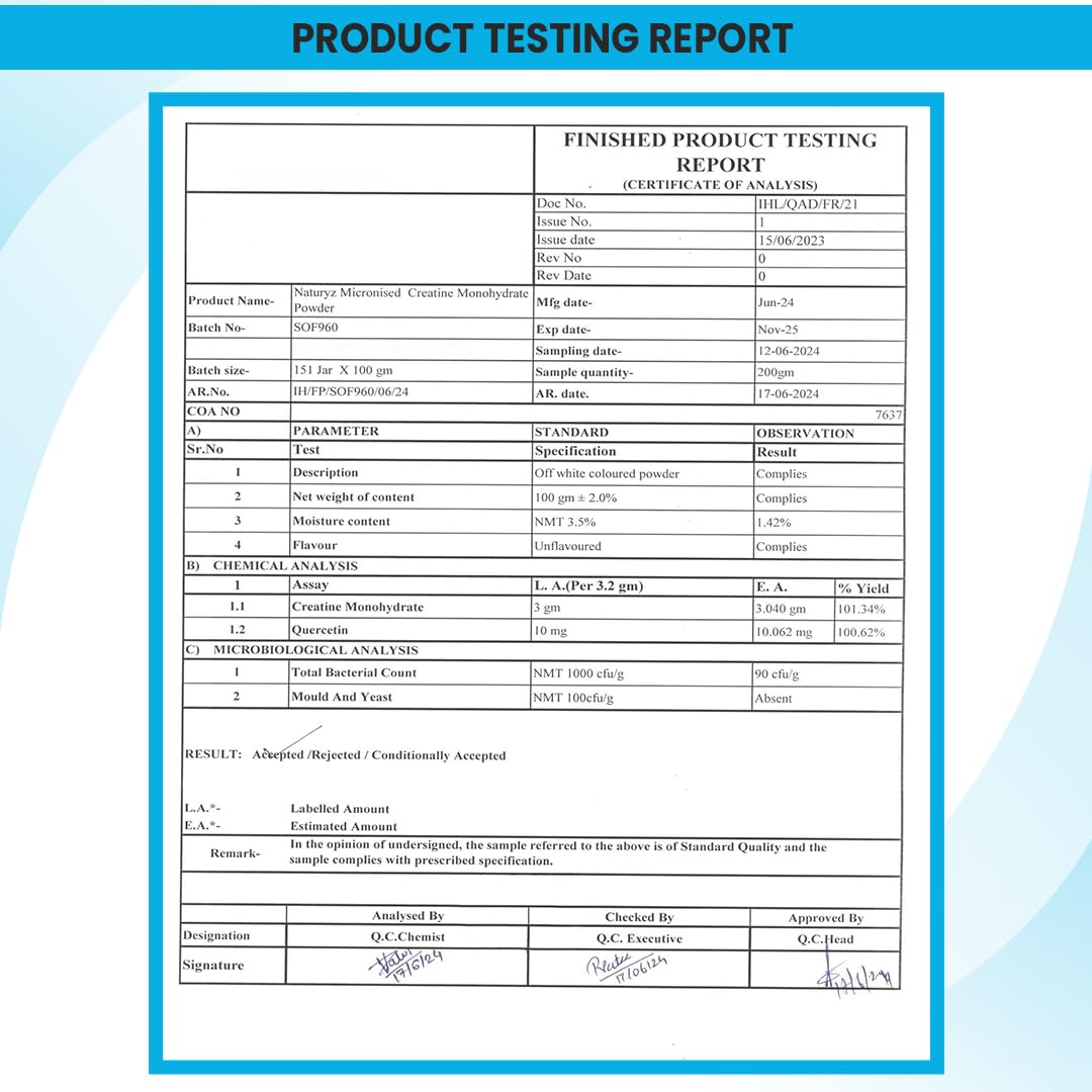Product testing report with a blue border
