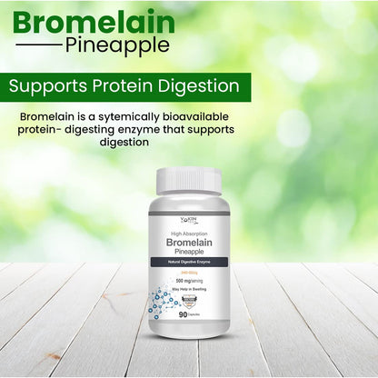 Bromelain supplement bottle on a wooden surface with a green blurred background